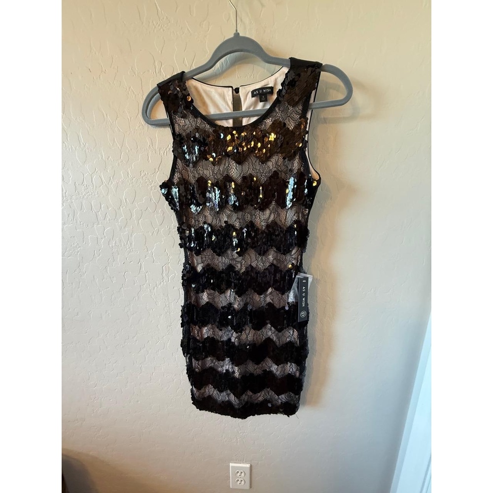 NWT As U Wish Dress Womens Small Black Gold Sequin Chevron Sleeveless Glam Party
